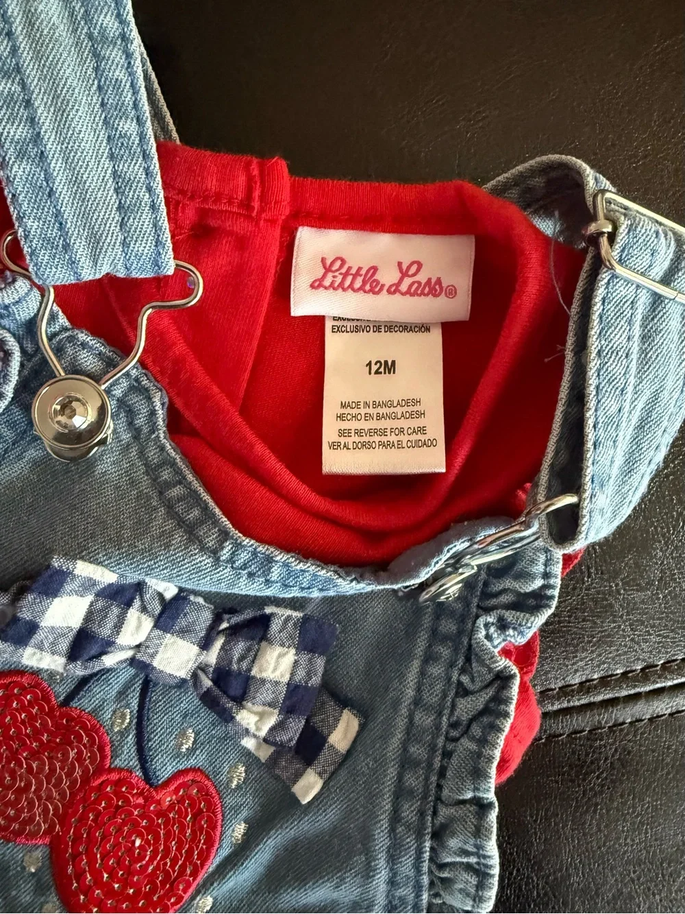 Little Lass Denim Cherry Shortalls with Red Tee - Picture 5 of 7